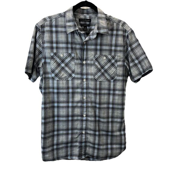 Banana Republic Shirt Mens M Black Tan Plaid Camden Fit Short Sleeve Button Up - Picture 1 of 10